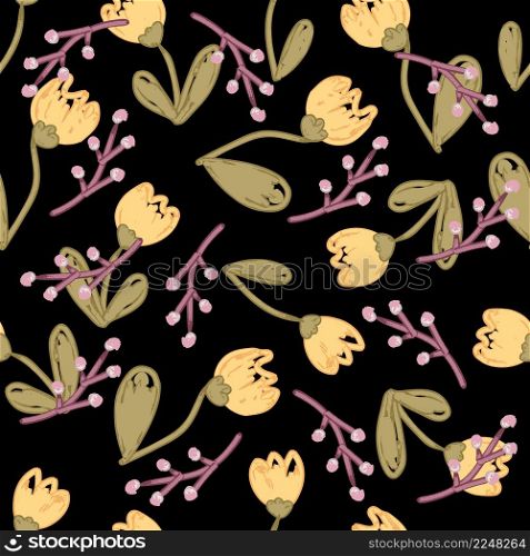 Seamless pattern with grunge textured tulip and plum flowers. Perfect for T-shirt, textile and print. Doodle vector illustration for decor and design.