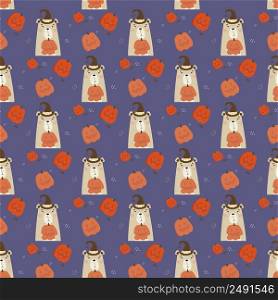 Seamless pattern with Halloween bear. Cute Animal in witch hat with a pumpkin Jack on purple background with orange pumpkins. Vector illustration In flat style for design, decor, textile and wallpaper