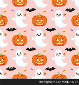 Seamless pattern with Halloween elements. Childish background with ghost, pumpkin, candy, bat on pink. For wallpaper, gift paper, fabric, holiday decoration, greeting cards. Vector illustration.. Seamless pattern with Halloween elements. 