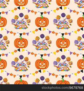 Seamless pattern with Halloween symbols. Pumpkin, jack o lantern, sweets, candy, garland with flag and ghost. For wallpaper, gift paper, fabric, holiday decoration, greeting cards.Vector illustration.. Seamless pattern with Halloween symbols. 