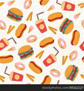 Seamless pattern with hamburgers, fries and drinks, ice-cream. Delicious grill meal. Food for restaurant and cafe. Decor textile, wrapping paper, wallpaper design. Print for fabric. Vector concept. Seamless pattern with hamburgers, fries and drinks. Delicious grill meal. Food for restaurant and cafe. Decor textile, wrapping paper, wallpaper design. Print for fabric. Vector concept