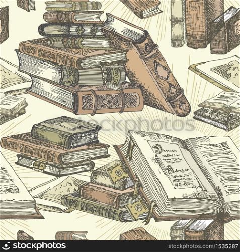 Seamless pattern with hand drawing sketch vintage books for concept design fair or festival flyer paper, banner, school library, retro poster bookshop advertising in engraving style Vector llustration. Seamless pattern with hand drawing sketch vintage books for concept design fair or festival flyer, paper, banner, school library, retro poster, bookshop advertising in engraving style