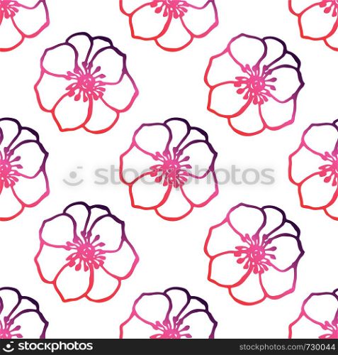 Seamless pattern with hand drawn anemones. Coral and deep violet colors. Suitable for packaging, wrappers, fabric design. Vector illustration. Seamless Pattern With Hand Drawn Anemones
