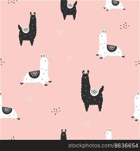 Seamless pattern with hand drawn black and white llamas on pink background. Decorative design for prints, packaging, wallpaper, wrapping paper. Seamless pattern with hand drawn black and white llamas on pink background