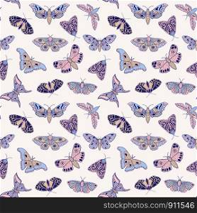 Seamless pattern with hand drawn butterflies and moths on light background. It can be used for fabric, surface textures, textile industry and others.
