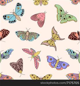 Seamless pattern with hand drawn butterflies and moths on pale background. It can be used for fabric, surface textures, textile industry and others.