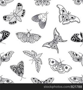 Seamless pattern with hand drawn butterflies and moths on white background. It can be used for fabric, surface textures, textile industry and others.