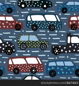 Seamless pattern with hand drawn car. Doodle cars vector illustration. Design for fabric, textile print, wrapping paper, children textile.. Seamless pattern with hand drawn car. Doodle cars vector illustration.