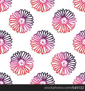 Seamless pattern with hand drawn chamomiles. Living coral and deep violet colors. Suitable for packaging, wrappers, fabric design. Vector illustration. Seamless Pattern With Hand Drawn Chamomiles. Vector illustration
