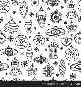 Seamless pattern with hand-drawn Christmas ball toys on a white background. Decorative background for fabric, textile, wrapping paper, card, invitation, wallpaper, web design.