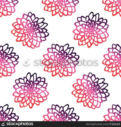 Seamless pattern with hand drawn chrysanthemums. Coral and deep violet colors. Suitable for packaging, wrappers, fabric design. Vector illustration. Seamless Pattern With Hand Drawn Chrysanthemums