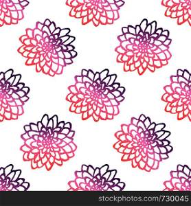Seamless pattern with hand drawn chrysanthemums. Coral and deep violet colors. Suitable for packaging, wrappers, fabric design. Vector illustration. Seamless Pattern With Hand Drawn Chrysanthemums