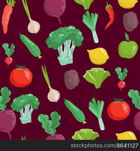 Seamless pattern with hand drawn colorful doodle vegetables. Sketch style vector set. Vegetables flat icons set cucumber, carrot, onion, tomato. Seamless pattern with hand drawn colorful doodle vegetables. Sketch style vector set. Vegetables flat icons set cucumber, carrot, onion, tomato.