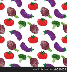 Seamless pattern with hand drawn colorful vegetables. Flat icons  broccoli, eggplant, artichoke and tomato. Vegetarian healthy food. Vegan, farm, organic, natural background. Seamless pattern with hand drawn colorful vegetables. Flat icons  broccoli, eggplant, artichoke and tomato. Vegetarian healthy food.