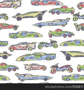 Seamless pattern with hand drawn cute car. Cartoon cars vector illustration.Perfect for kids fabric,textile,nursery wallpaper
