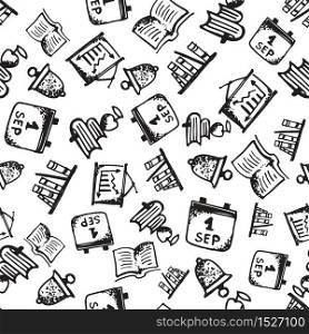 Seamless pattern with hand-drawn doodle icons, back to school theme. White background Black color vector illustration.. Seamless pattern with hand-drawn doodle icons, back to school theme