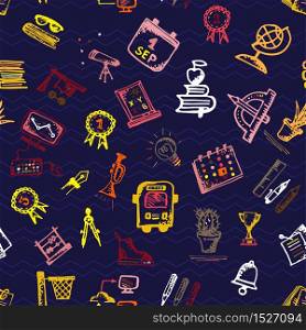 Seamless pattern with hand-drawn doodle icons, back to school theme. Dark background. Low color vector illustration.. Seamless pattern with hand-drawn doodle icons, back to school theme