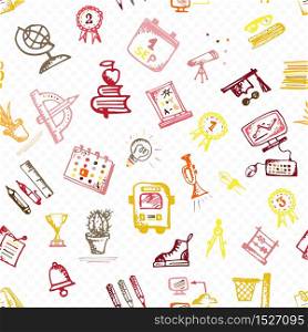 Seamless pattern with hand-drawn doodle icons, back to school theme. White background. Low color vector illustration.. Seamless pattern with hand-drawn doodle icons, back to school theme