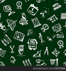 Seamless pattern with hand-drawn doodle icons, sport theme. Green background White vector illustration.. Seamless pattern with hand-drawn doodle icons, sport theme. White background