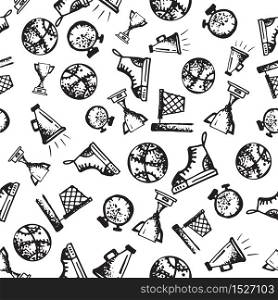 Seamless pattern with hand-drawn doodle icons, sport theme. White background Black color vector illustration.. Seamless pattern with hand-drawn doodle icons, sport theme. White background