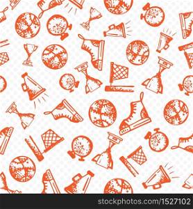 Seamless pattern with hand-drawn doodle icons, sport theme. White background Orange color vector illustration.. Seamless pattern with hand-drawn doodle icons, sport theme. White background