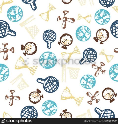 Seamless pattern with hand-drawn doodle icons, sport theme. White background Small color vector illustration.. Seamless pattern with hand-drawn doodle icons, sport theme. White background