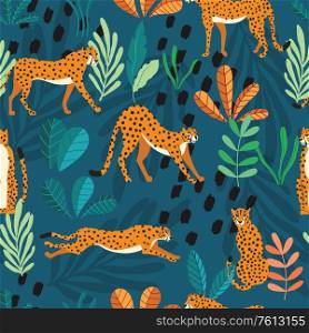 Seamless pattern with hand drawn exotic big cat cheetahs, with tropical plants and abstract elements on dark green background. Colorful flat vector illustration