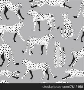 Seamless pattern with hand drawn exotic big cat white cheetahs, on light gray background. Colorful flat vector illustration