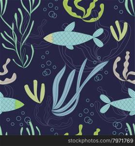 Seamless pattern with hand drawn fishes and water plants. Seamless pattern with hand drawn fishes and water plants.