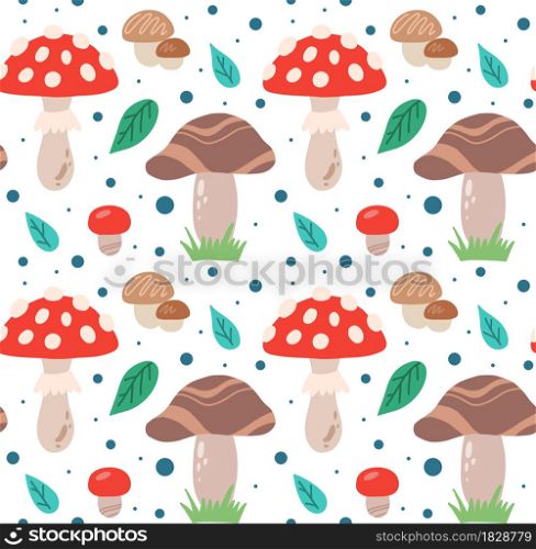 Seamless pattern with hand drawn flat mushrooms, fly agarics, foliage and polka dots on a white background. Vector texture with forest fungus. Baby wallpaper for nursery. Seamless pattern with hand drawn flat mushrooms, fly agarics, foliage and polka dots on a white background. Vector texture with forest fungus.