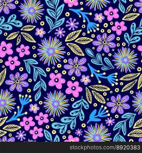 Seamless pattern with hand drawn flowers and leaves.