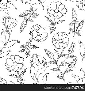 Seamless pattern with hand drawn flowers on white background.Coloring pages.