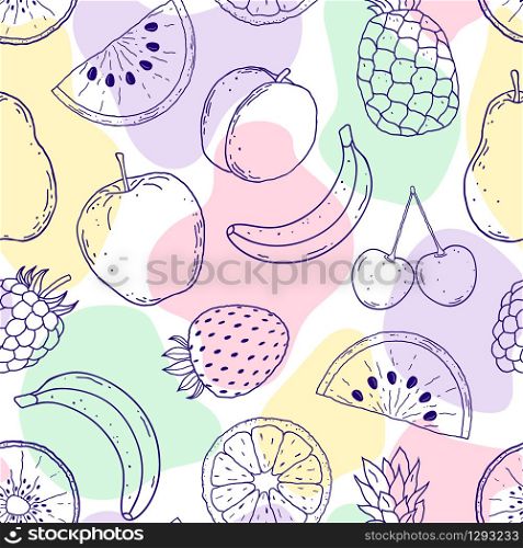Seamless pattern with hand drawn fruits and abstract shapes on white background