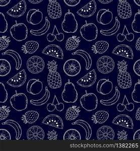 Seamless pattern with hand drawn fruits in doodle style on dark blue background
