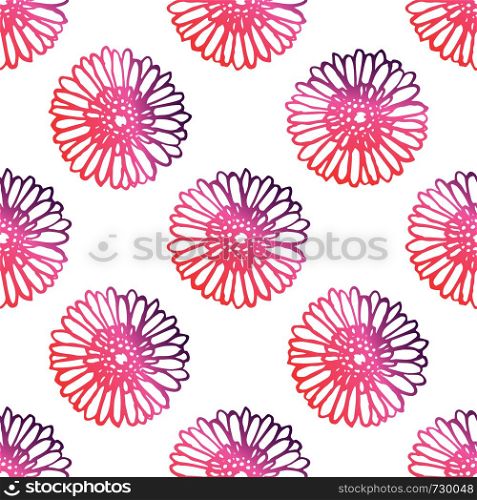 Seamless pattern with hand drawn gerberas. Coral and deep violet colors. Suitable for packaging, wrappers, fabric design. Vector illustration. Seamless Pattern With Hand Drawn Gerberas