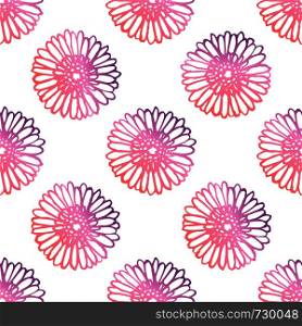 Seamless pattern with hand drawn gerberas. Coral and deep violet colors. Suitable for packaging, wrappers, fabric design. Vector illustration. Seamless Pattern With Hand Drawn Gerberas