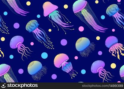 Seamless pattern with hand drawn jellyfishes in doodle style on dark blue background. pattern with hand drawn jellyfishes