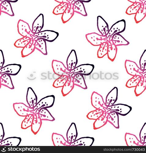 Seamless pattern with hand drawn lilies. Coral and deep violet colors. Suitable for packaging, wrappers, fabric design. Vector illustration. Seamless Pattern With Hand Drawn Lilies
