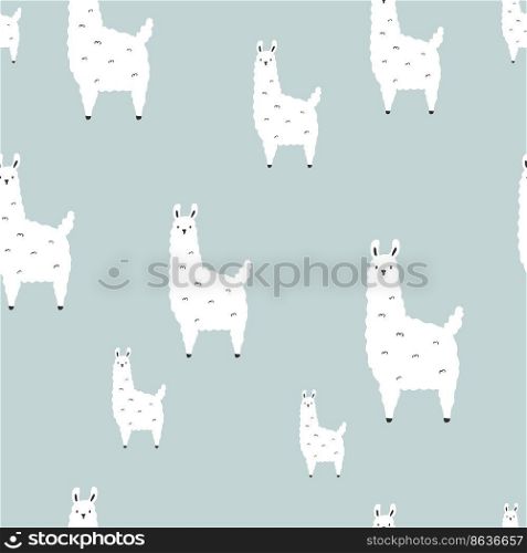Seamless pattern with hand drawn llamas on green background. Decorative design for prints, packaging, wallpaper, wrapping paper. Seamless pattern with hand drawn llamas on green background