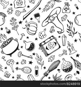 Seamless pattern with hand drawn magic tools, concept of witchcraft. Witchcraft, magic background for witches and wizards.