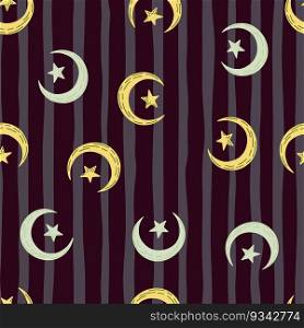 Seamless pattern with hand drawn moon and stars silhouettes print. For fabric design, textile print, wrapping paper, cover. Vector illustration. Seamless pattern with hand drawn moon and stars silhouettes print.