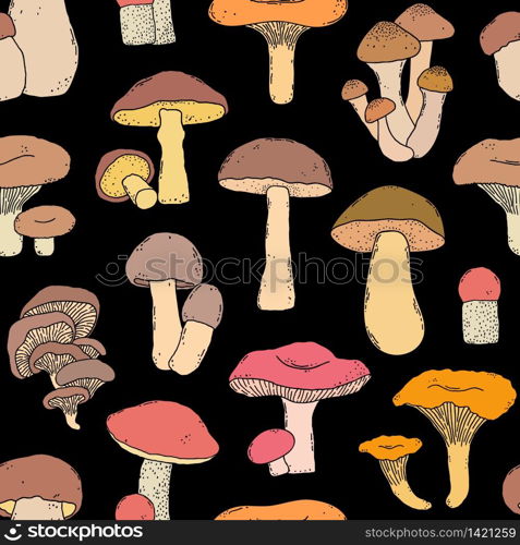 Seamless pattern with hand drawn mushrooms in doodle style on black background.. pattern with hand drawn mushrooms