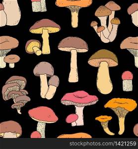 Seamless pattern with hand drawn mushrooms in doodle style on black background.. pattern with hand drawn mushrooms