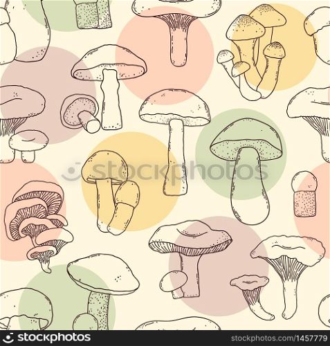 Seamless pattern with hand drawn mushrooms in doodle style on white background.. pattern with hand drawn mushrooms