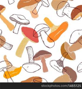 Seamless pattern with hand drawn mushrooms in doodle style on white background.. pattern with hand drawn mushrooms