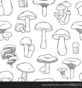 Seamless pattern with hand drawn mushrooms in doodle style on white background.. pattern with mushrooms