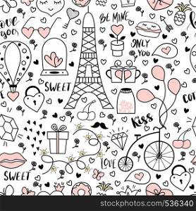 Seamless pattern with hand drawn objects for Valentines day. Paris. Love symbols.