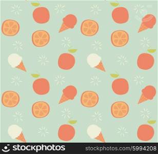 Seamless pattern with hand drawn orange fruit and ice cream, vector illustration