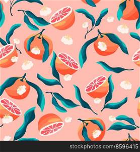 Seamless pattern with hand drawn oranges and floral elements. Fruit and floral design in bright colors. Colorful vector illustration.