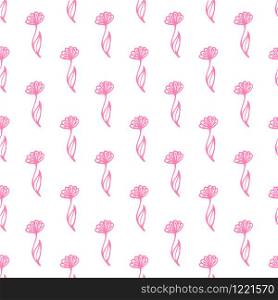 Seamless pattern with hand drawn pink flowers. Suitable for packaging, wrappers, fabric design. Vector illustration. Seamless pattern with hand drawn pink flowers on white background